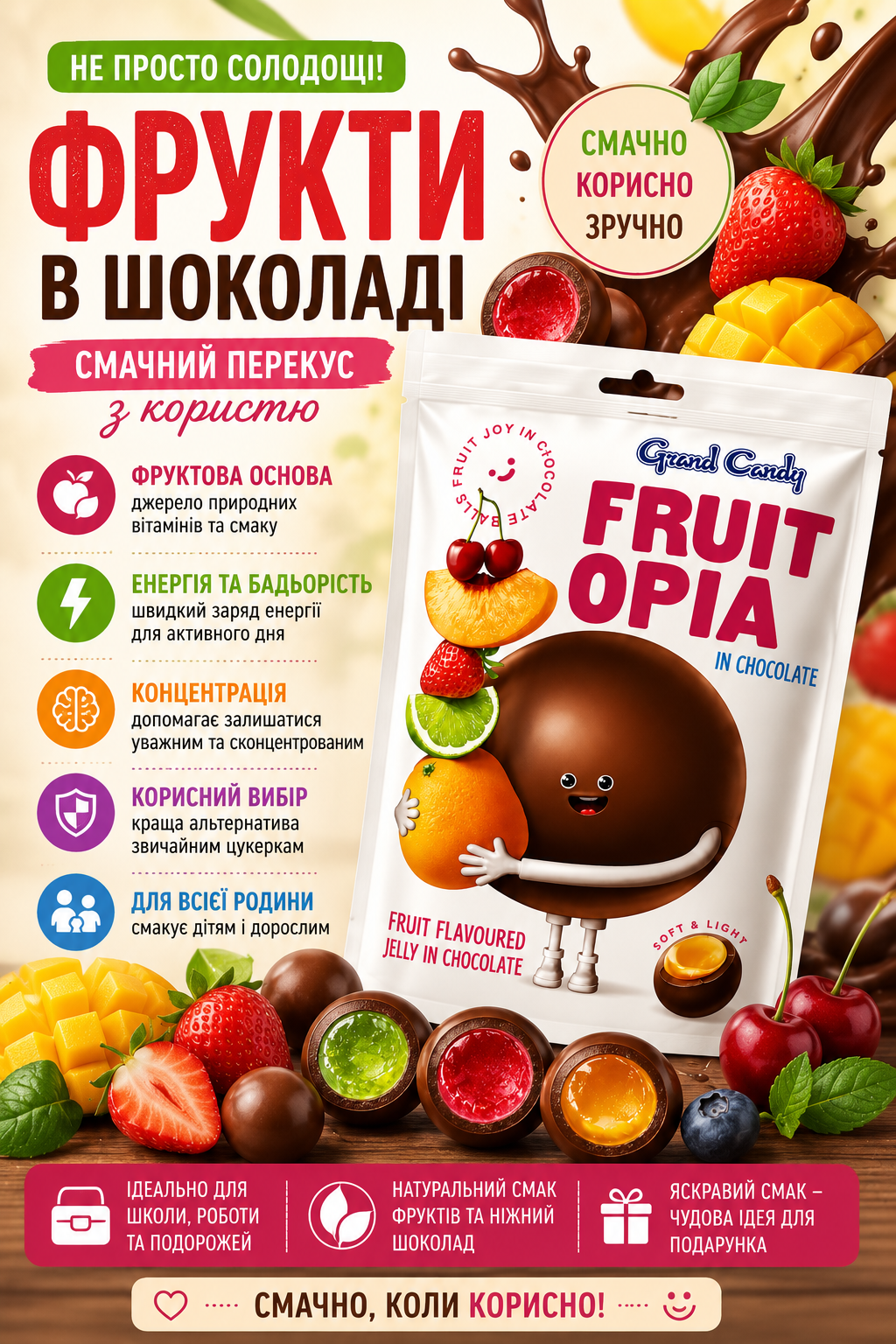 Фрукти в шоколаді для енергії, концентрації та користі щодня