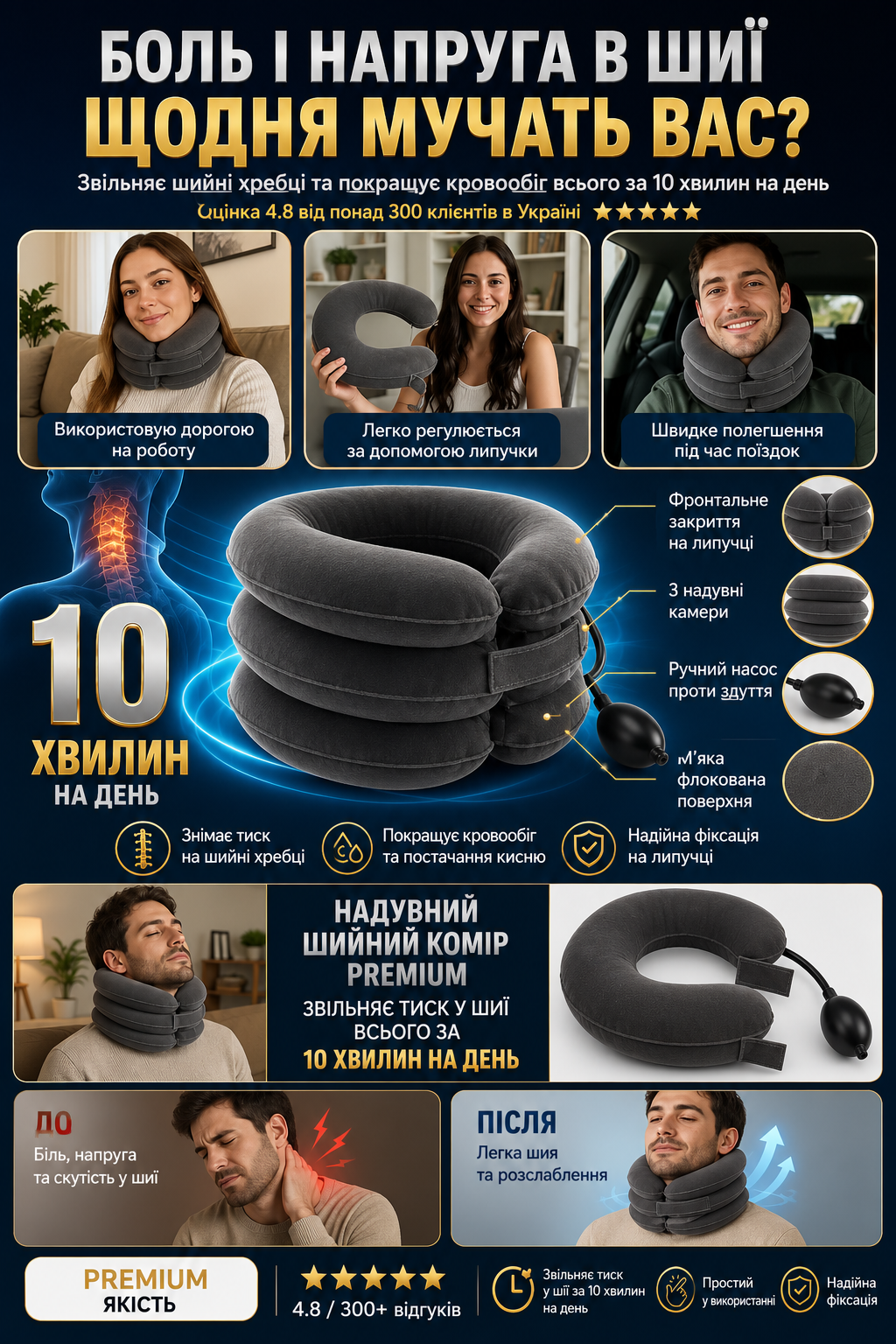 Преміальна надувна потрійна підтримка шиї