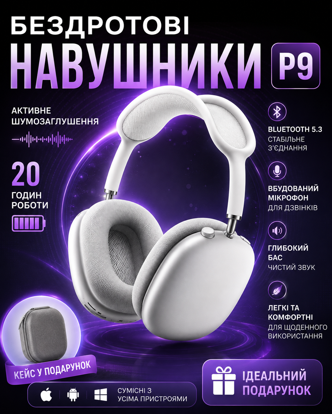 Бездротові білі повнорозмірні Bluetooth-навушники P9