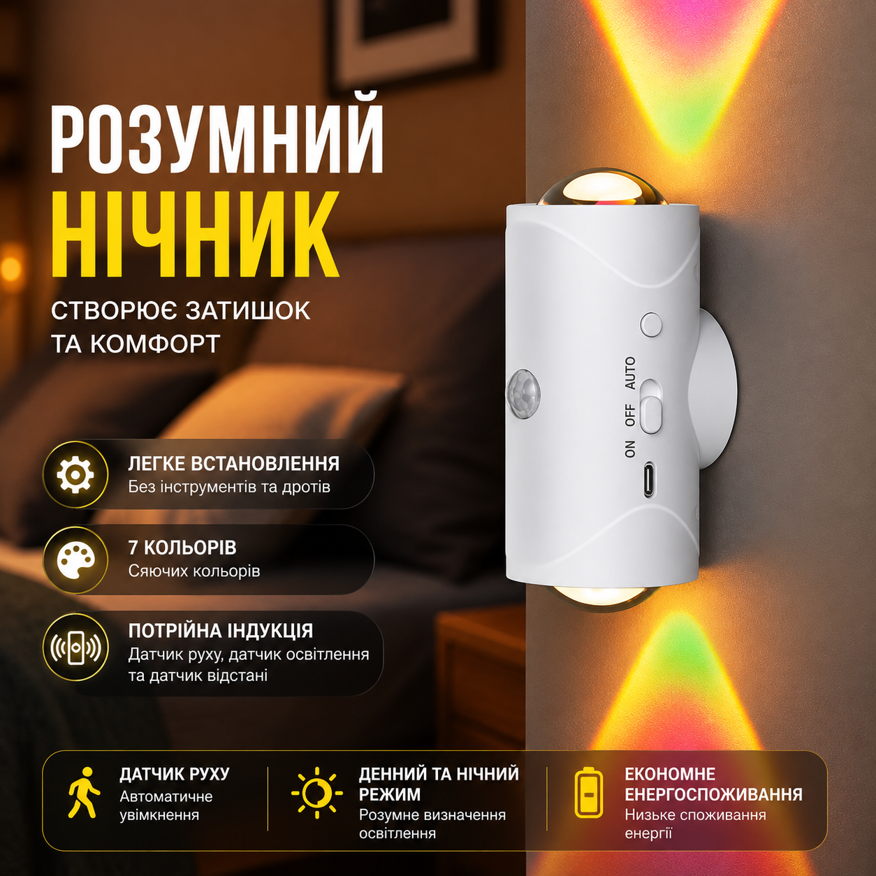 Акумуляторний світлодіодний настінний світильник із датчиком руху – нічне освітлення RGB