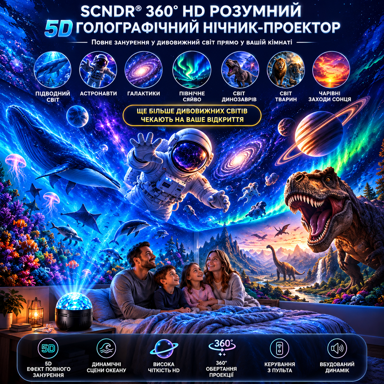 🦖🎁360° Розумний голографічний проектор зоряного неба (HD Smart Dynamic 5D)